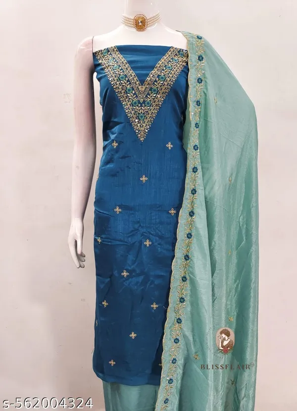 Teal_Blue_Vichitra_Silk_Dress_Material_With_Exquisite_Sequins_And_Zari_Embroideryt_With_Dupatta_For_Women