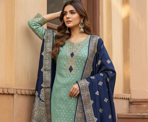 Turquoise_Blue_Cording_Sequins_Embroidered_Shimmer_Dress_Material_With_Butti_Weaving_Work