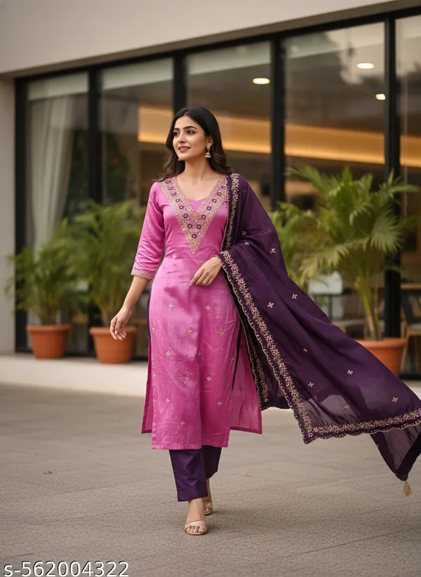 Pink_Vichitra_Silk_Dress_Material_With_Exquisite_Sequins_And_Zari_Embroidery_With_Purple_Dupatta