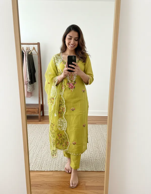 Olive_Green_Chanderi_Cotton_Chikankari_Dress_Material_With_Dupatta