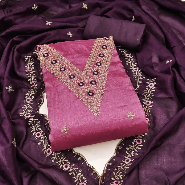 Pink_Vichitra_Silk_Dress_Material_With_Exquisite_Sequins_And_Zari_Embroidery_With_Purple_Dupatta