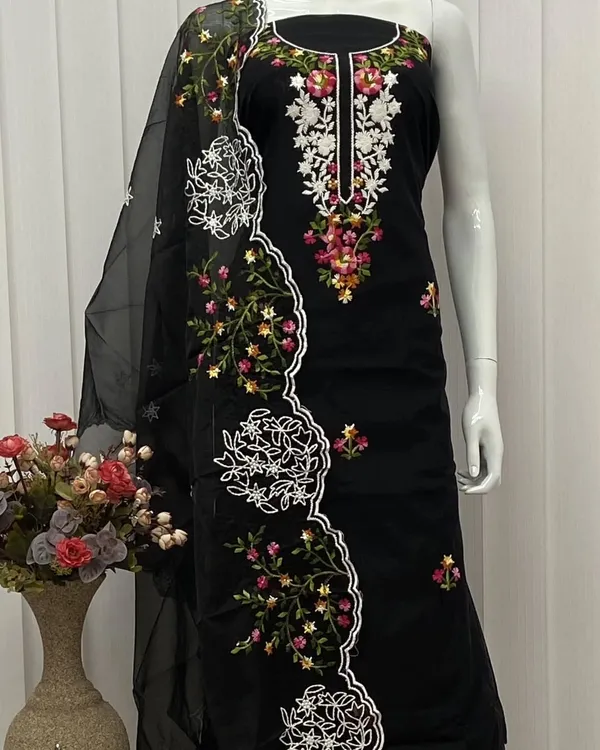 Black_Floral_Chanderi_Cotton_Chikankari_Dress_Material_With_Dupatta