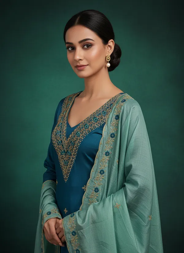 Teal_Blue_Vichitra_Silk_Dress_Material_With_Exquisite_Sequins_And_Zari_Embroideryt_With_Dupatta_For_Women