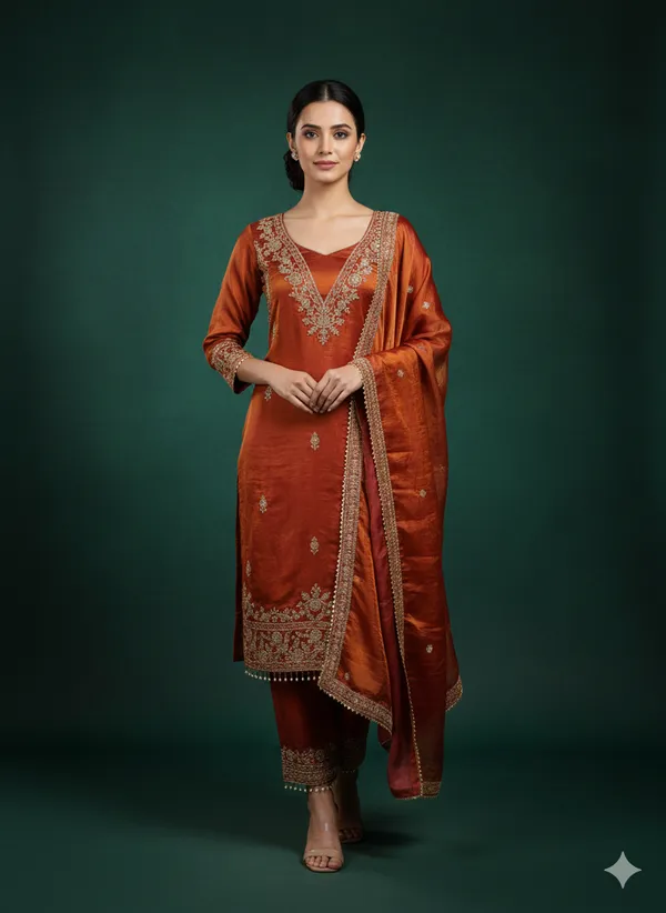Orange_Floral_Beads_Embroidery_Work_Fendy_Silk_Blend_Dress_Material