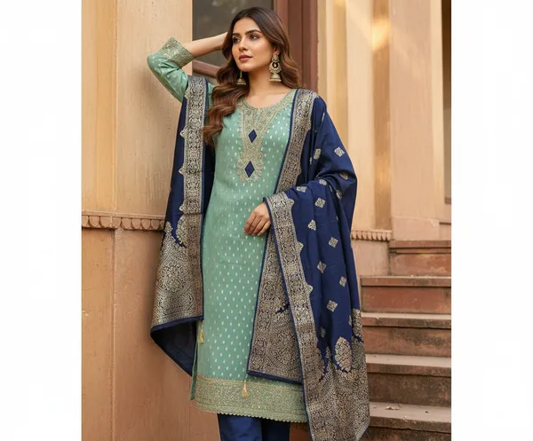 Turquoise_Blue_Cording_Sequins_Embroidered_Shimmer_Dress_Material_With_Butti_Weaving_Work