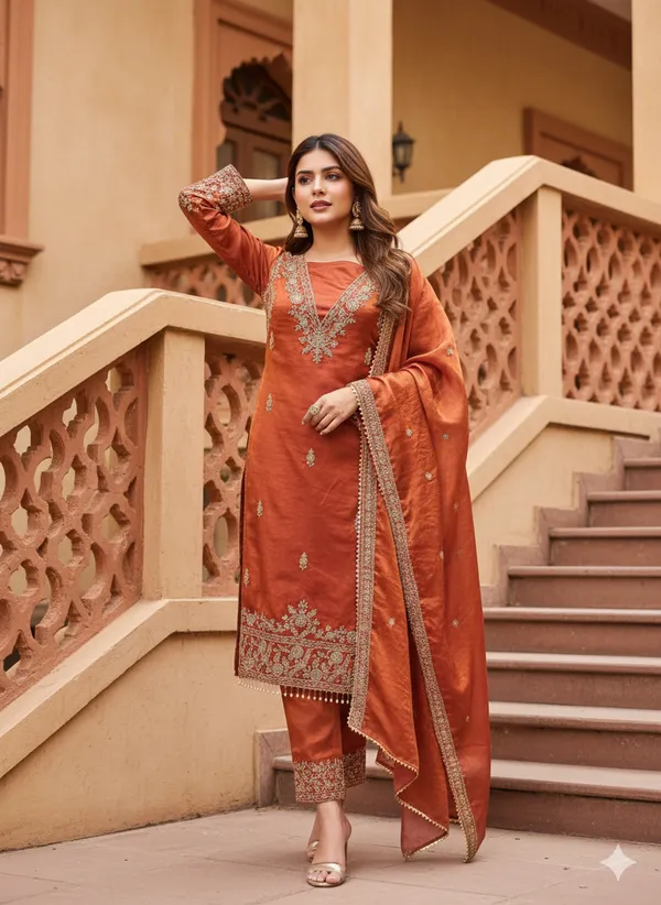 Orange_Floral_Beads_Embroidery_Work_Fendy_Silk_Blend_Dress_Material