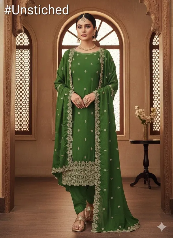 Green_Vichitra_Silk_Dress_Material_With_Exquisite_Sequins_And_Zari_Embroidery
