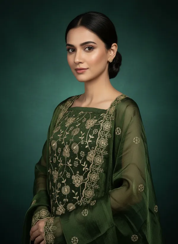 Olive_Green_Silk_Blend_Dress_Material_Featuring_Floral_Embroidery_And_Swarovski_Work