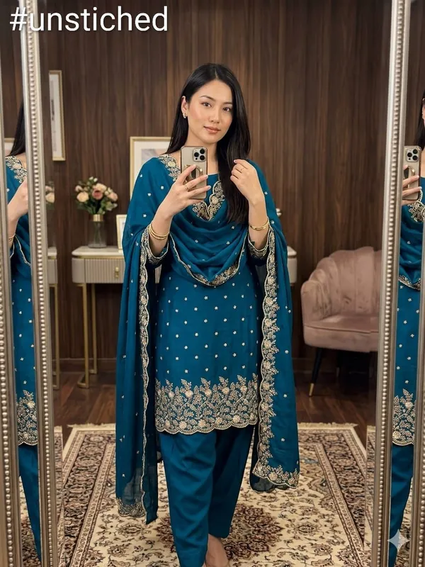 Teal_Blue_Vichitra_Silk_Dress_Material_With_Exquisite_Sequins_And_Zari_Embroidery