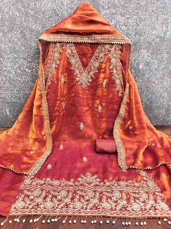 Orange_Floral_Beads_Embroidery_Work_Fendy_Silk_Blend_Dress_Material