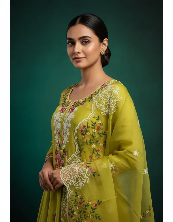 Olive_Green_Chanderi_Cotton_Chikankari_Dress_Material_With_Dupatta