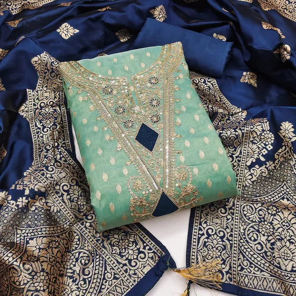 Turquoise_Blue_Cording_Sequins_Embroidered_Shimmer_Dress_Material_With_Butti_Weaving_Work