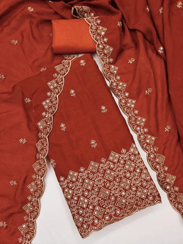 Rust_Vichitra_Silk_Dress_Material_With_Exquisite_Sequins_And_Zari_Embroidery