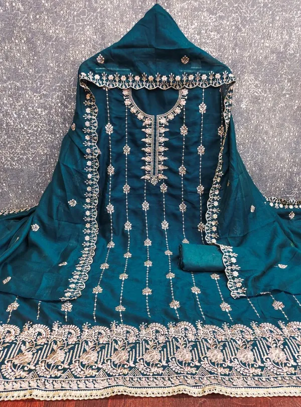 Teal_Vichitra_Silk_Dress_Material_With_Exquisite_Sequins_And_Zari_Embroidery