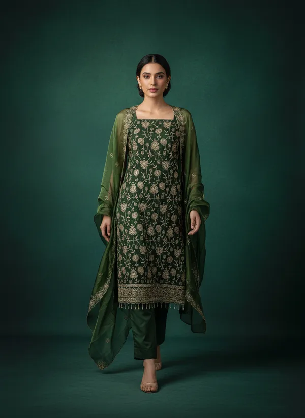 Olive_Green_Silk_Blend_Dress_Material_Featuring_Floral_Embroidery_And_Swarovski_Work