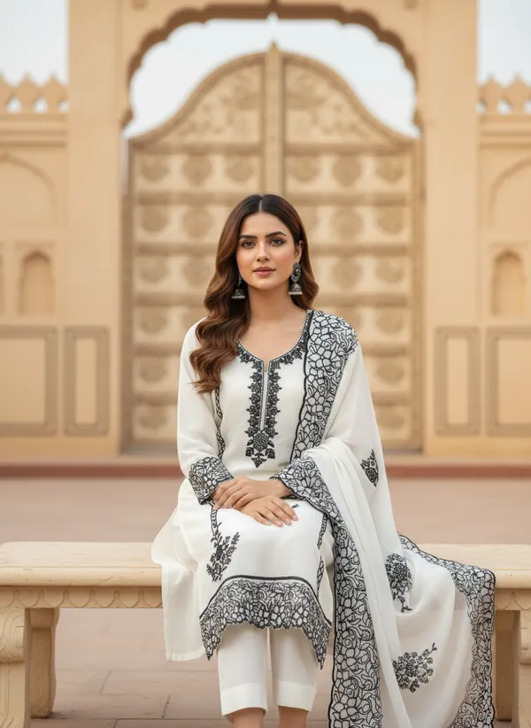 White_And_Black_Embroidery_With_Diamond_Georgette_Dress_Material