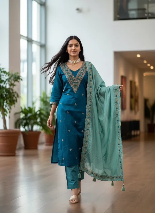Teal_Blue_Vichitra_Silk_Dress_Material_With_Exquisite_Sequins_And_Zari_Embroideryt_With_Dupatta_For_Women