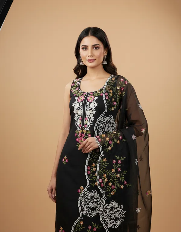 Black_Floral_Chanderi_Cotton_Chikankari_Dress_Material_With_Dupatta