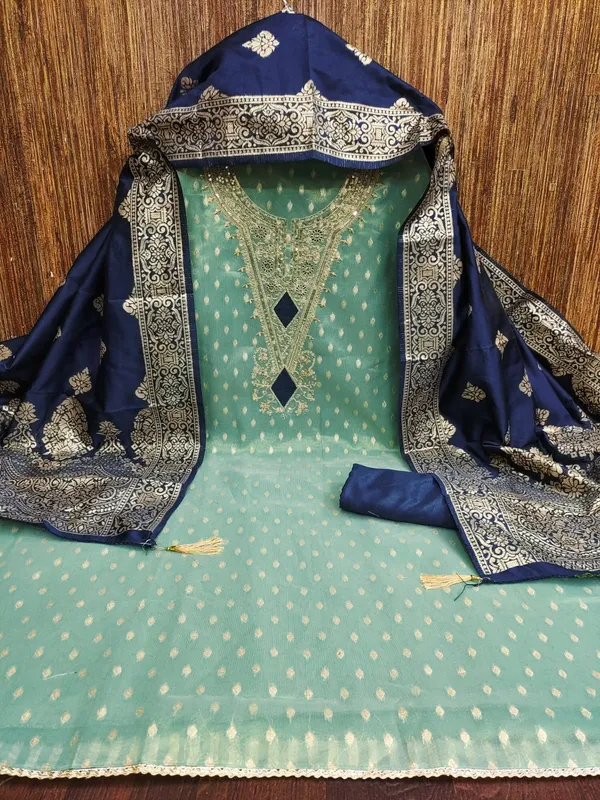 Turquoise_Blue_Cording_Sequins_Embroidered_Shimmer_Dress_Material_With_Butti_Weaving_Work