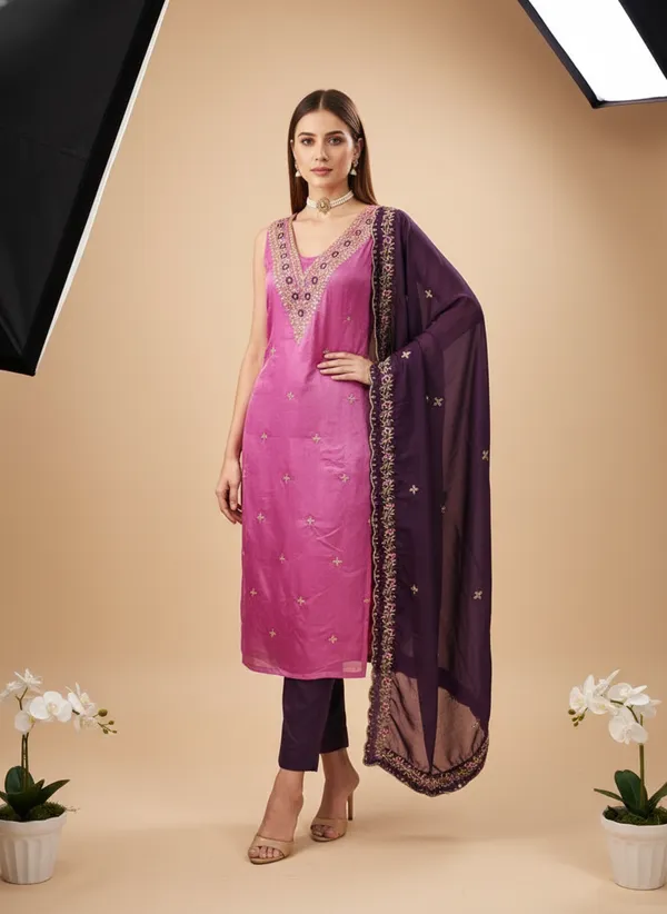 Pink_Vichitra_Silk_Dress_Material_With_Exquisite_Sequins_And_Zari_Embroidery_With_Purple_Dupatta