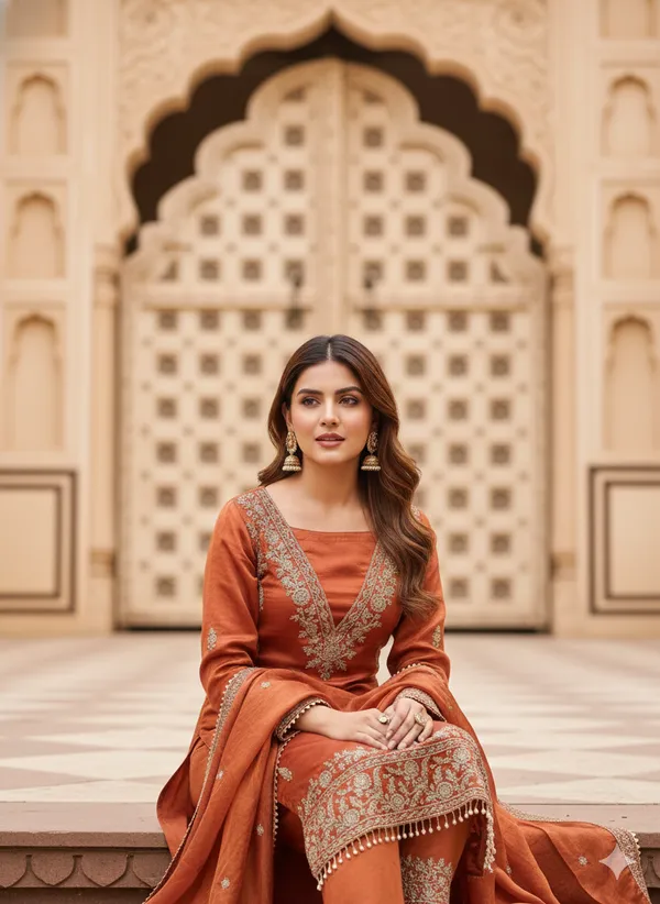 Orange_Floral_Beads_Embroidery_Work_Fendy_Silk_Blend_Dress_Material