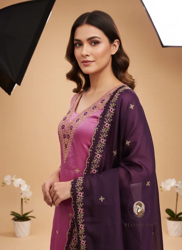 Pink_Vichitra_Silk_Dress_Material_With_Exquisite_Sequins_And_Zari_Embroidery_With_Purple_Dupatta