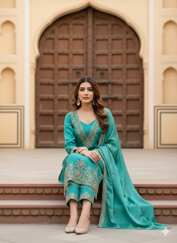 Teal_Green_Floral_Beads_Embroidery_Work_Fendy_Silk_Blend_Dress_Material