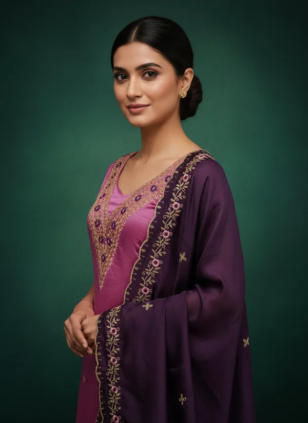 Pink_Vichitra_Silk_Dress_Material_With_Exquisite_Sequins_And_Zari_Embroidery_With_Purple_Dupatta