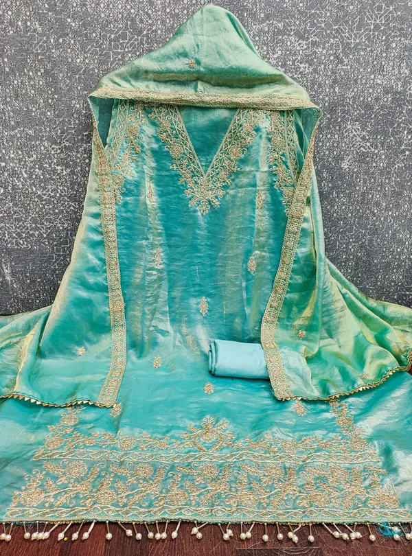 Teal_Green_Floral_Beads_Embroidery_Work_Fendy_Silk_Blend_Dress_Material