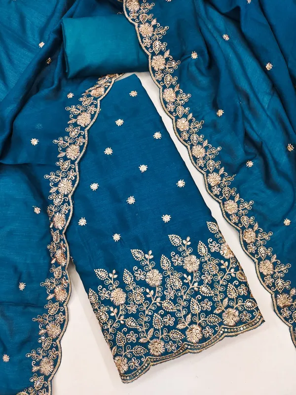 Teal_Blue_Vichitra_Silk_Dress_Material_With_Exquisite_Sequins_And_Zari_Embroidery