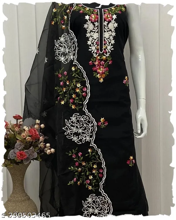Black_Floral_Chanderi_Cotton_Chikankari_Dress_Material_With_Dupatta