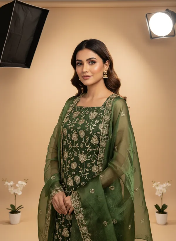 Olive_Green_Silk_Blend_Dress_Material_Featuring_Floral_Embroidery_And_Swarovski_Work