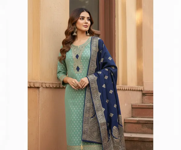 Turquoise_Blue_Cording_Sequins_Embroidered_Shimmer_Dress_Material_With_Butti_Weaving_Work