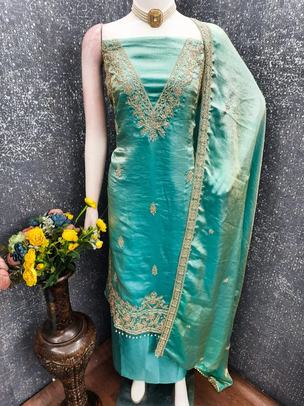 Teal_Green_Floral_Beads_Embroidery_Work_Fendy_Silk_Blend_Dress_Material