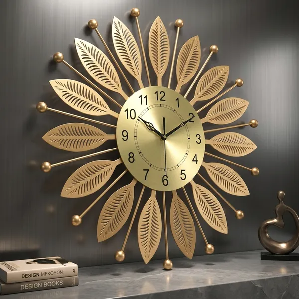 Luxury_Gold_Metal_Leaf_Wall_Clock__Elegant_Sunburst_Designer_Wall_Clock_for_Living_Room_&_Office_Decor
