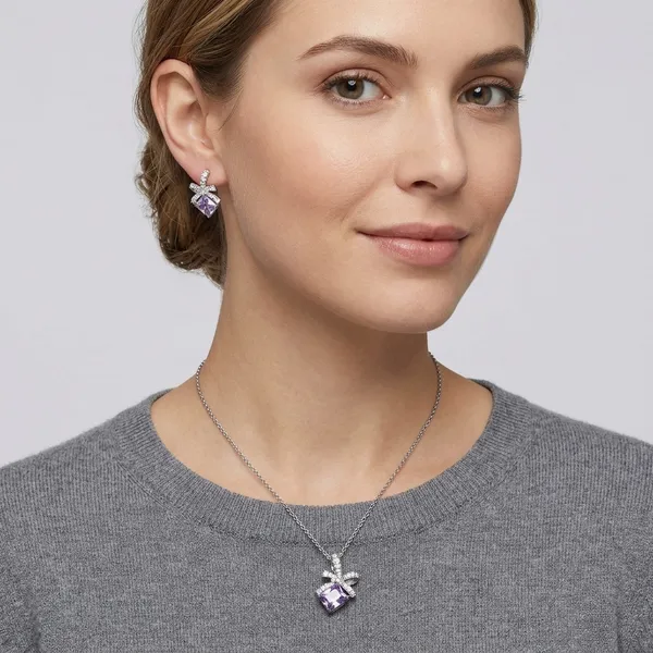 Silver_And_Purple_Cubic_Zirconia_Bow_Pendant_Necklace_And_Earrings_Set_For_Women
