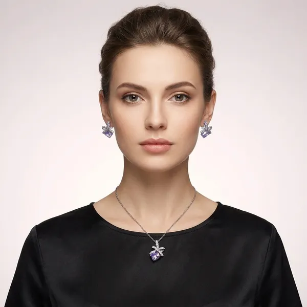 Silver_And_Purple_Cubic_Zirconia_Bow_Pendant_Necklace_And_Earrings_Set_For_Women