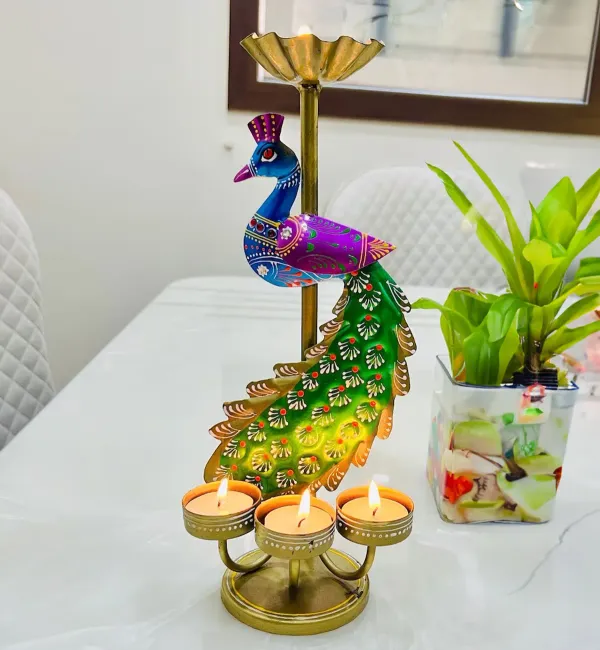 Iron_Decorative_Blue_And_Green_Peacock_Tealight_Holder