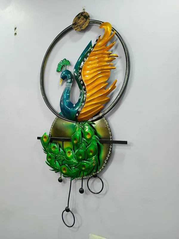 Iron_Decorative_Teal_Gold_Peacock_Oval_Wall_Art