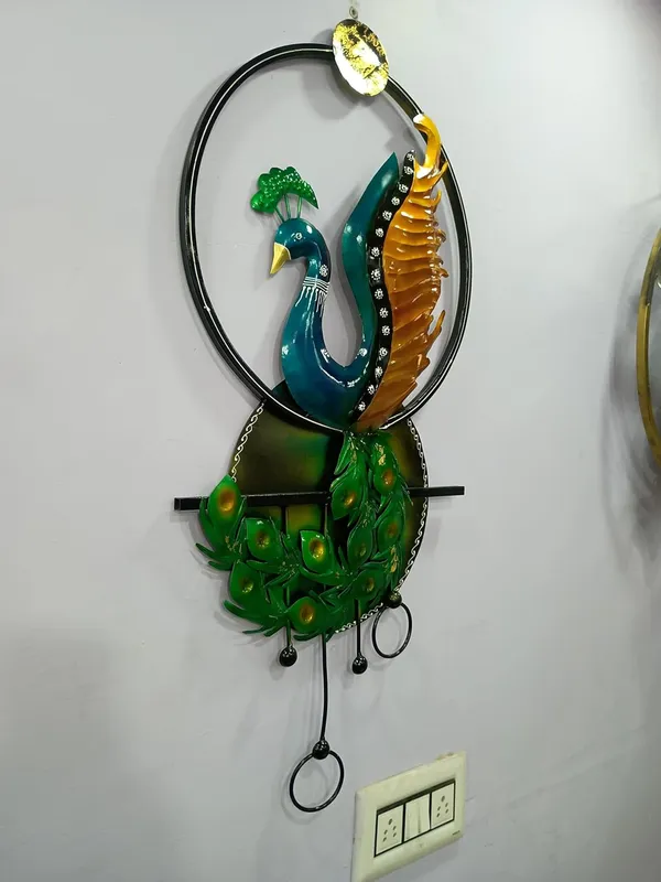 Iron_Decorative_Teal_Gold_Peacock_Oval_Wall_Art