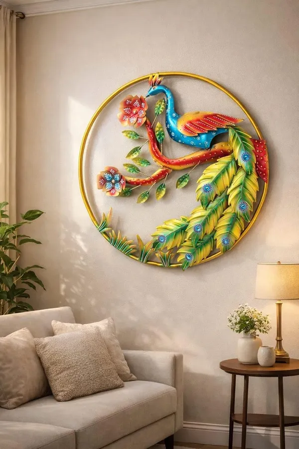 Iron_Handcrafted_Multicolor_Peacock_Round_Wall_Art