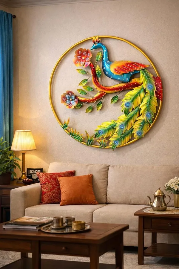 Iron_Handcrafted_Multicolor_Peacock_Round_Wall_Art