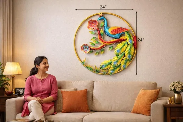 Iron_Handcrafted_Multicolor_Peacock_Round_Wall_Art