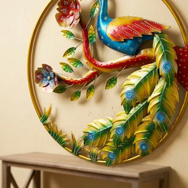 Iron_Handcrafted_Multicolor_Peacock_Round_Wall_Art