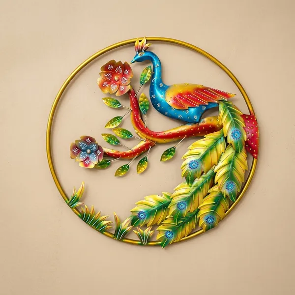 Iron_Handcrafted_Multicolor_Peacock_Round_Wall_Art