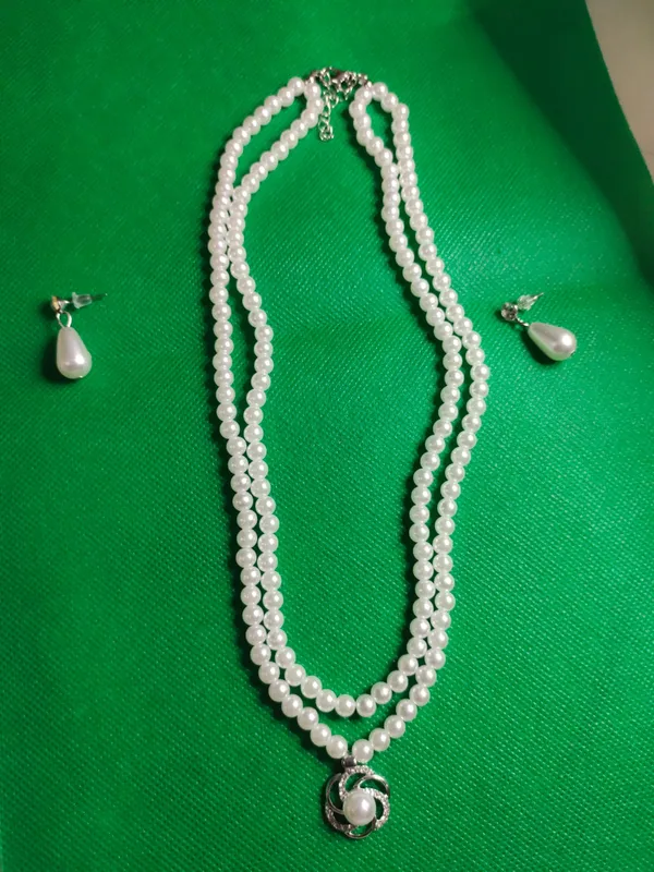 White_Pearl_Double_Strand_Necklace_Set_With_Drop_Earrings_For_Women
