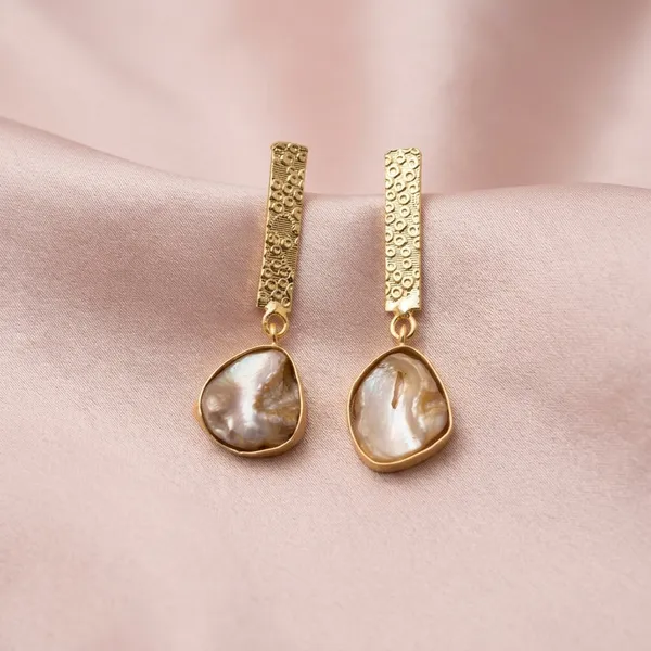 Gold_Plated_Textured_Bar_Drop_Earrings_with_Natural_Stone_Pendants
