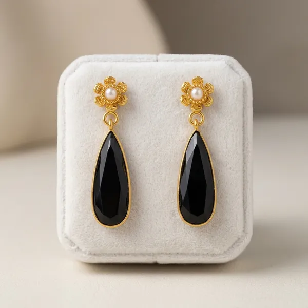Gold_Tone_Floral_Stud_Black_Teardrop_Earrings