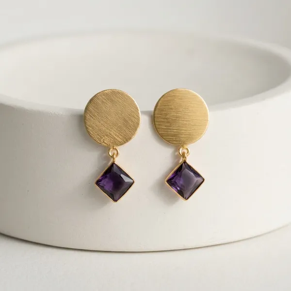 Gold_Brushed_Disc_Purple_Stone_Drop_Earrings