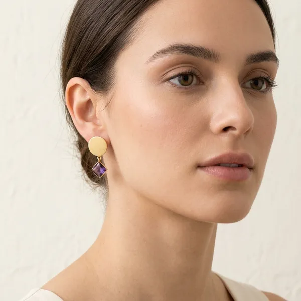 Gold_Brushed_Disc_Purple_Stone_Drop_Earrings